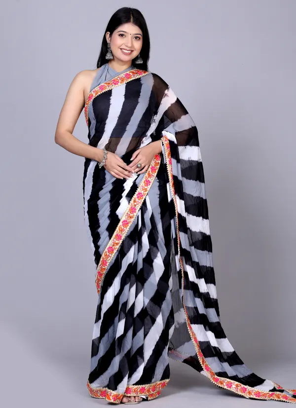 Black_Pure_Chiffon_Leheriya_Embroidered_Border_Sarees_For_Women