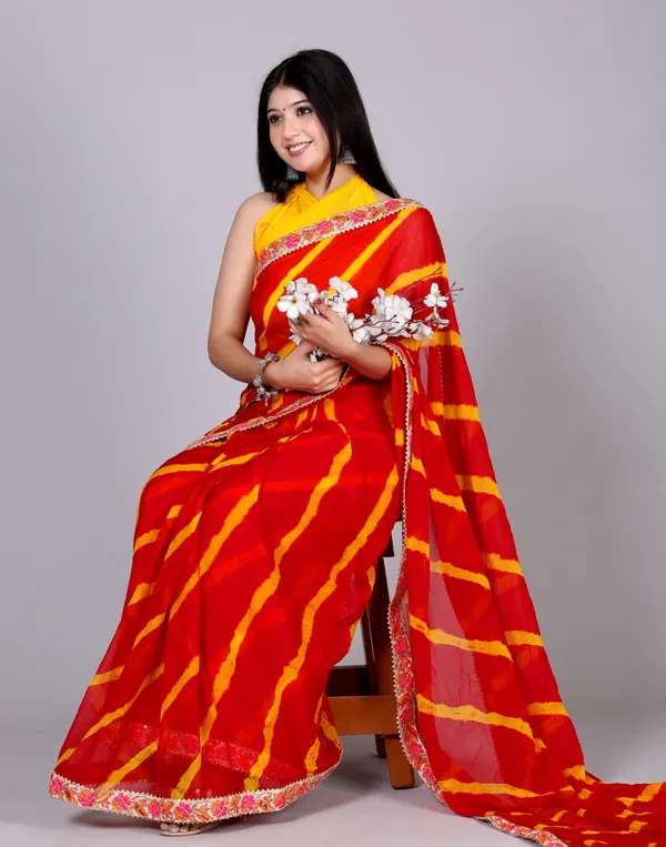 Red_Pure_Chiffon_Leheriya_Embroidered_Border_Sarees_For_Women