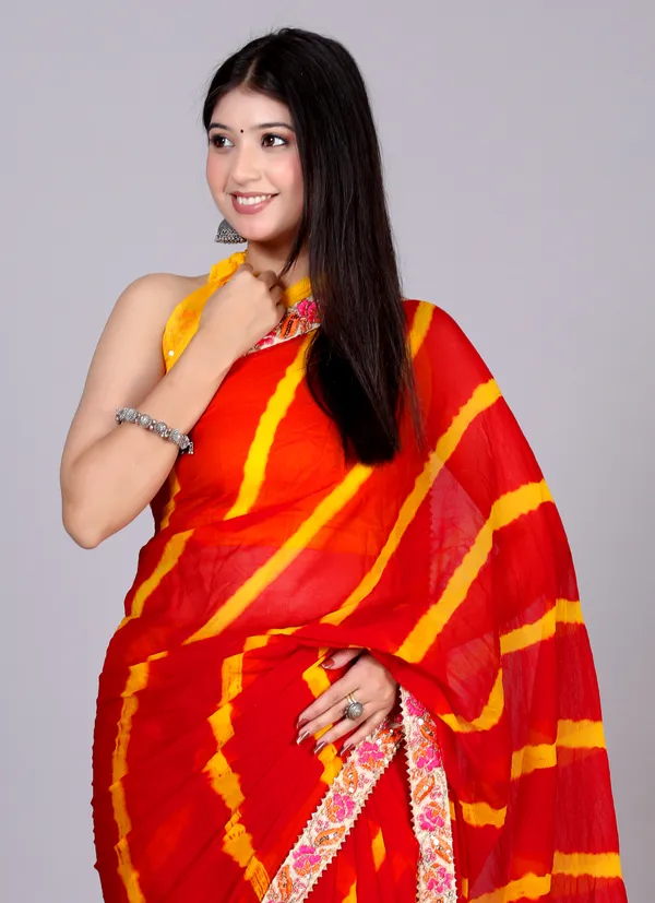 Red_Pure_Chiffon_Leheriya_Embroidered_Border_Sarees_For_Women