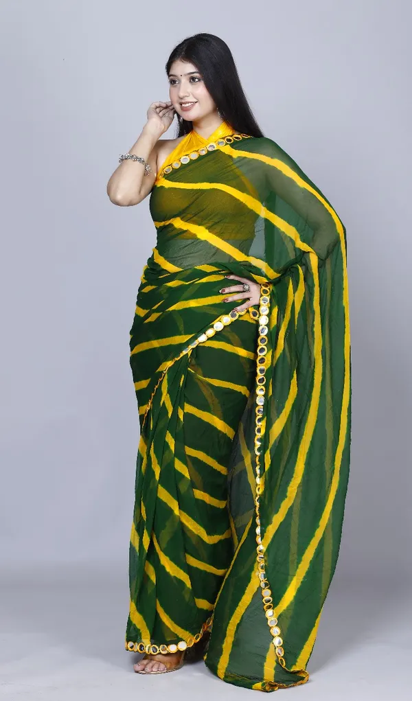 Green_Pure_Chiffon_Leheriya_Mirror_Work_Printed_Work_Sarees_For_Women