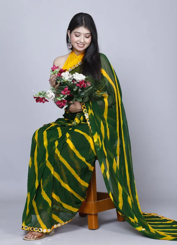 Green_Pure_Chiffon_Leheriya_Mirror_Work_Printed_Work_Sarees_For_Women