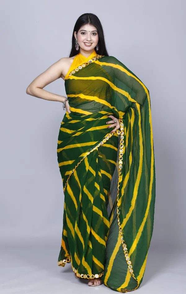 Green_Pure_Chiffon_Leheriya_Mirror_Work_Printed_Work_Sarees_For_Women