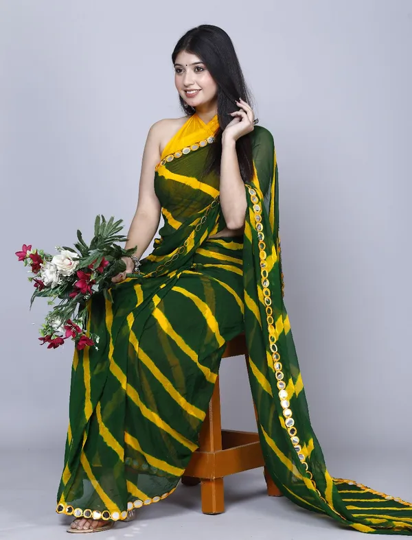 Green_Pure_Chiffon_Leheriya_Mirror_Work_Printed_Work_Sarees_For_Women