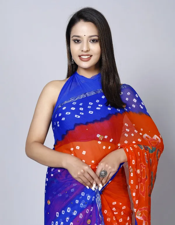 Orange_Pure_Chiffon_Bandhini_Stone_Work_Printed_Work_Sarees_For_Women