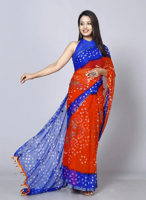 Orange_Pure_Chiffon_Bandhini_Stone_Work_Printed_Work_Sarees_For_Women