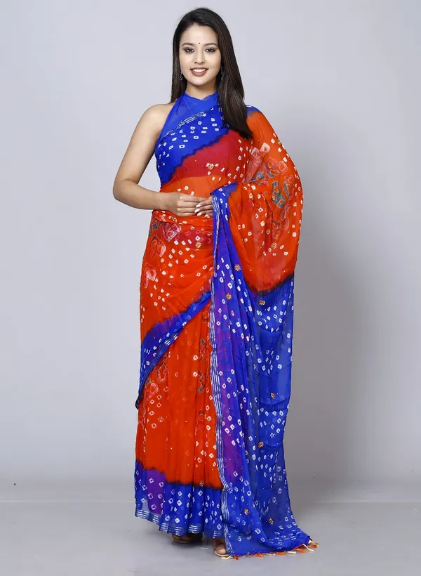 Orange_Pure_Chiffon_Bandhini_Stone_Work_Printed_Work_Sarees_For_Women