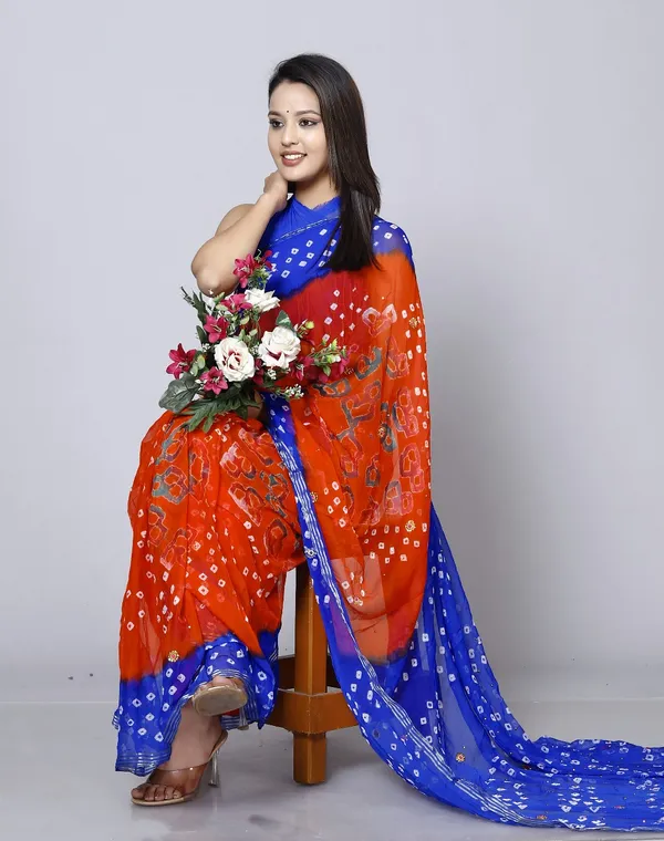 Orange_Pure_Chiffon_Bandhini_Stone_Work_Printed_Work_Sarees_For_Women