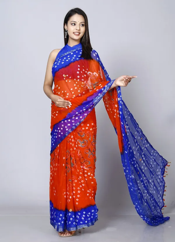 Orange_Pure_Chiffon_Bandhini_Stone_Work_Printed_Work_Sarees_For_Women