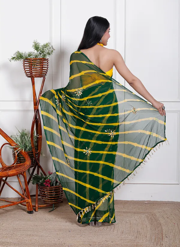 Green_Pure_Chiffon_Leheriya_Mirror_Work_Sarees_For_Women