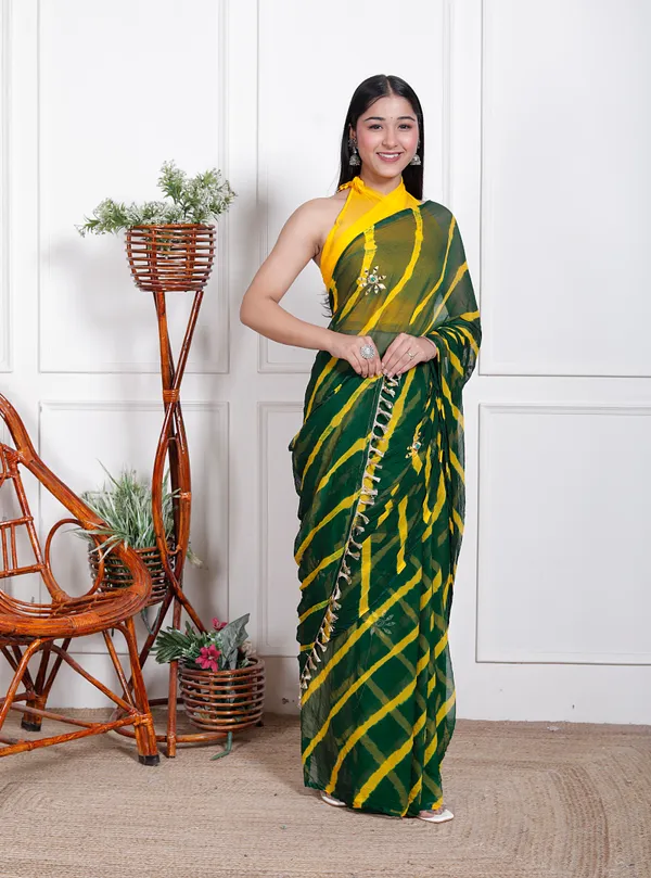 Green_Pure_Chiffon_Leheriya_Mirror_Work_Sarees_For_Women