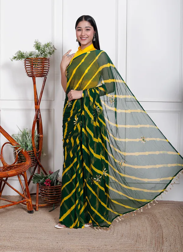 Green_Pure_Chiffon_Leheriya_Mirror_Work_Sarees_For_Women