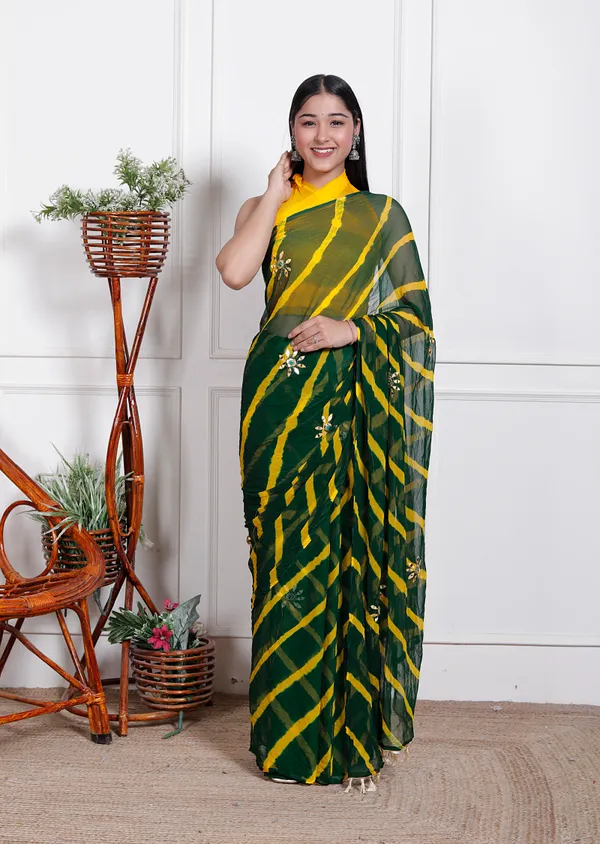 Green_Pure_Chiffon_Leheriya_Mirror_Work_Sarees_For_Women