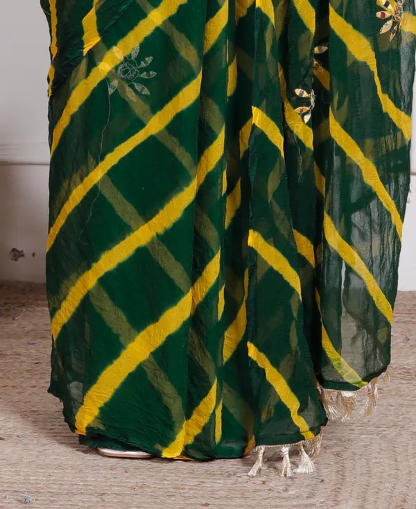 Green_Pure_Chiffon_Leheriya_Mirror_Work_Sarees_For_Women