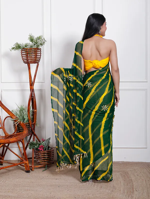 Green_Pure_Chiffon_Leheriya_Mirror_Work_Sarees_For_Women