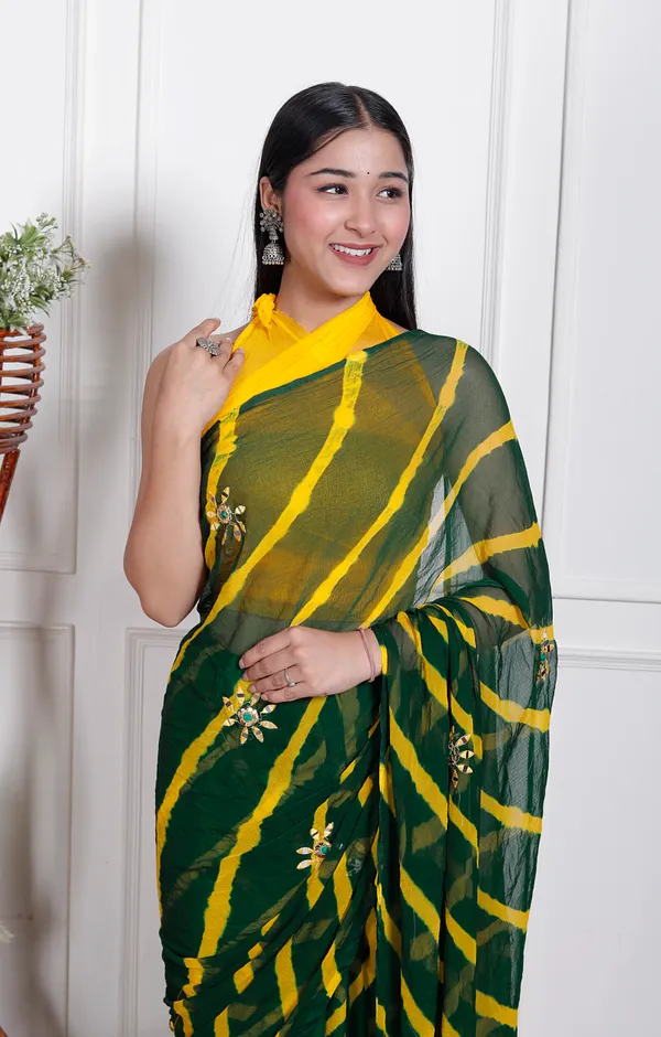 Green_Pure_Chiffon_Leheriya_Mirror_Work_Sarees_For_Women
