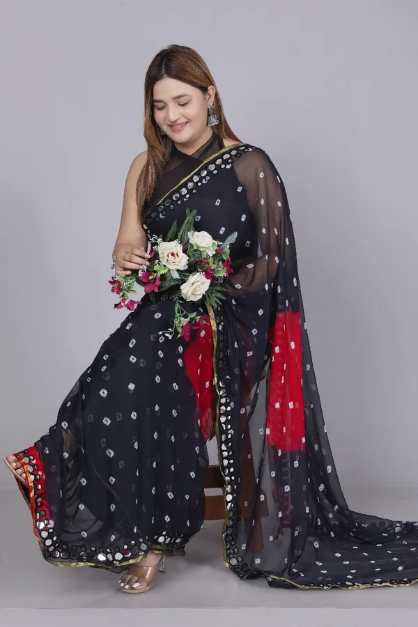 Black_Pure_Chiffon_Printed_Bandhani_Printed_Mirror_Work_Sarees_For_Women