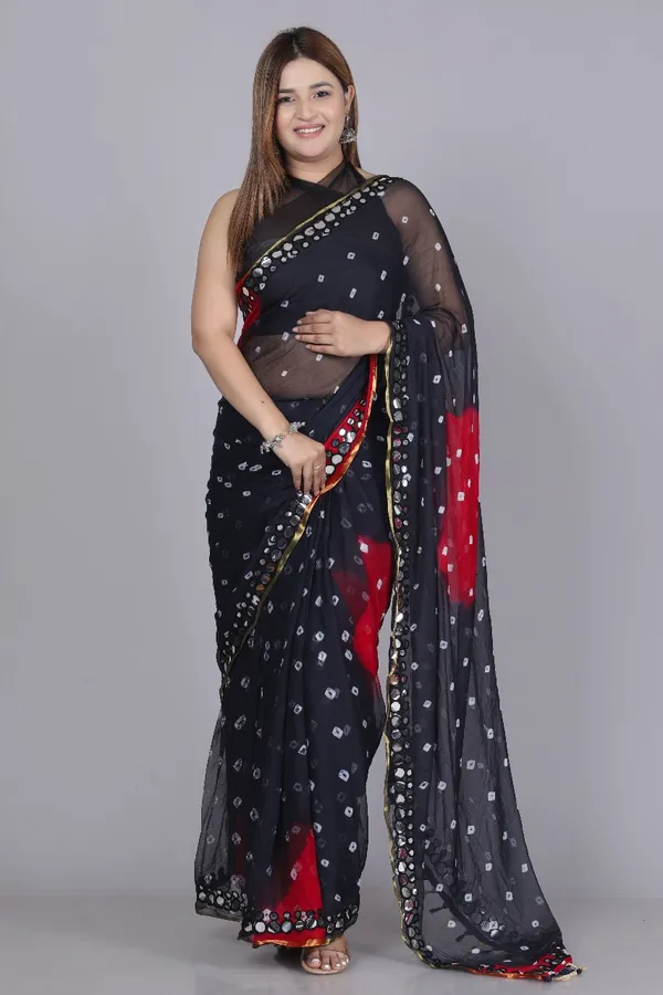 Black_Pure_Chiffon_Printed_Bandhani_Printed_Mirror_Work_Sarees_For_Women