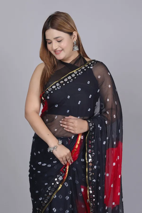 Black_Pure_Chiffon_Printed_Bandhani_Printed_Mirror_Work_Sarees_For_Women