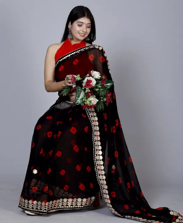 Black_Trendy_Printed_Chiffon_Bandhini_Gotta_Patti_Work_Sarees_For_Women