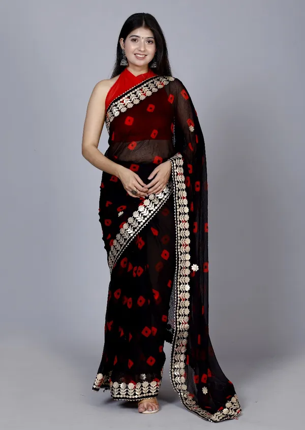 Black_Trendy_Printed_Chiffon_Bandhini_Gotta_Patti_Work_Sarees_For_Women