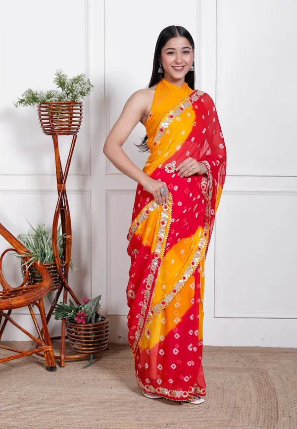 Red_Pure_Chiffon_Bandhani_Bandej_Gotta_Patti_Sarees_For_Women