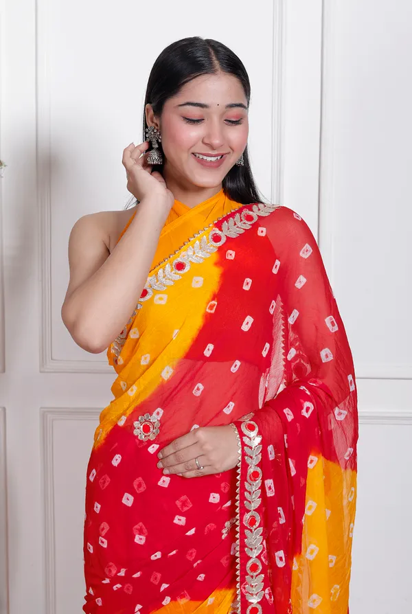 Red_Pure_Chiffon_Bandhani_Bandej_Gotta_Patti_Sarees_For_Women