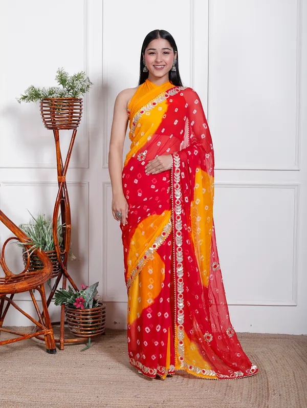Red_Pure_Chiffon_Bandhani_Bandej_Gotta_Patti_Sarees_For_Women