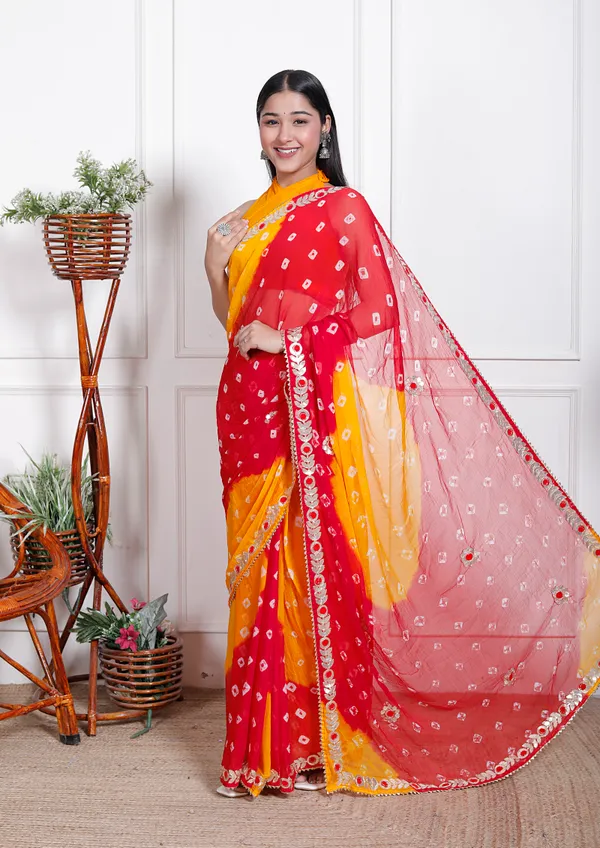Red_Pure_Chiffon_Bandhani_Bandej_Gotta_Patti_Sarees_For_Women