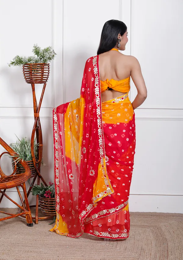 Red_Pure_Chiffon_Bandhani_Bandej_Gotta_Patti_Sarees_For_Women