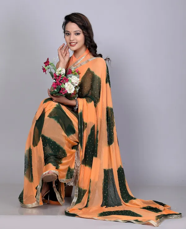 Green_Trendy_Chiffon_Printed_Printed_Leheriya_Check_Printed_Stone_Work_Sarees_For_Women