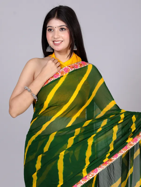 Green_Pure_Chiffon_Leheriya_Embroidered_Border_Sarees_For_Women