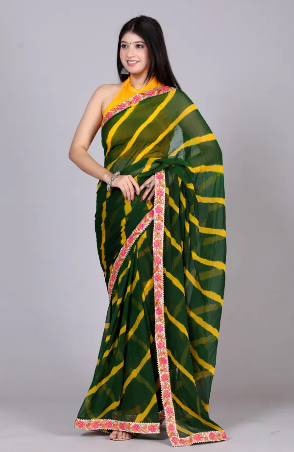 Green_Pure_Chiffon_Leheriya_Embroidered_Border_Sarees_For_Women