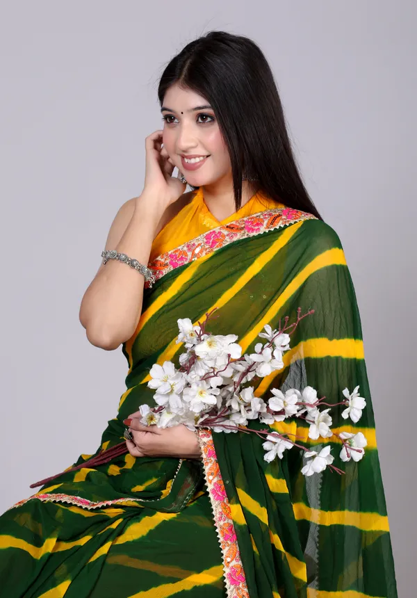 Green_Pure_Chiffon_Leheriya_Embroidered_Border_Sarees_For_Women