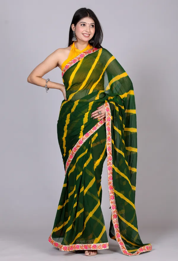 Green_Pure_Chiffon_Leheriya_Embroidered_Border_Sarees_For_Women