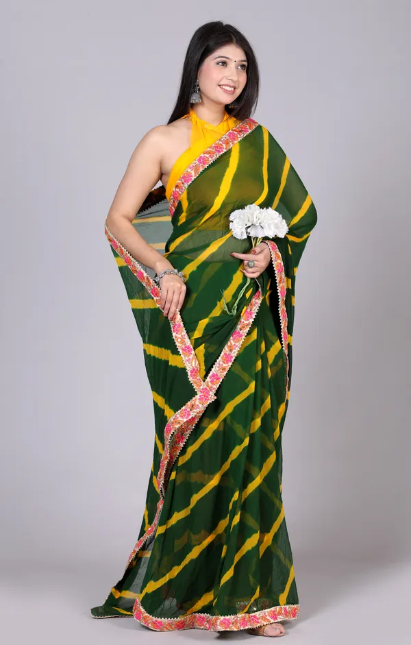 Green_Pure_Chiffon_Leheriya_Embroidered_Border_Sarees_For_Women