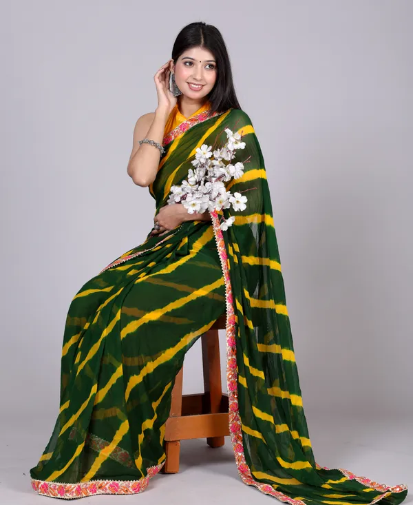 Green_Pure_Chiffon_Leheriya_Embroidered_Border_Sarees_For_Women