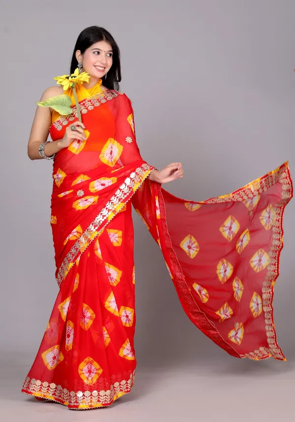 Red_Trendy_Printed_Chiffon_Bandhini_Gotta_Patti_Work_Sarees_For_Women