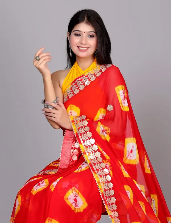 Red_Trendy_Printed_Chiffon_Bandhini_Gotta_Patti_Work_Sarees_For_Women