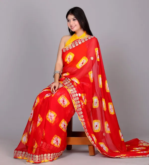 Red_Trendy_Printed_Chiffon_Bandhini_Gotta_Patti_Work_Sarees_For_Women