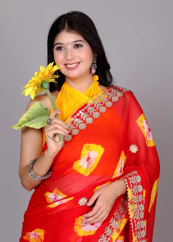 Red_Trendy_Printed_Chiffon_Bandhini_Gotta_Patti_Work_Sarees_For_Women