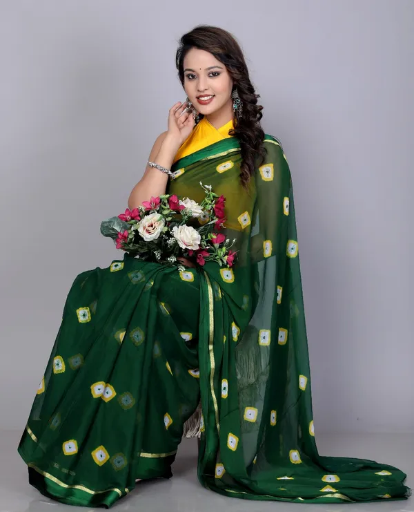 Green_Designer_Border_Printed_Hand_Print_Bandhani_Saree
