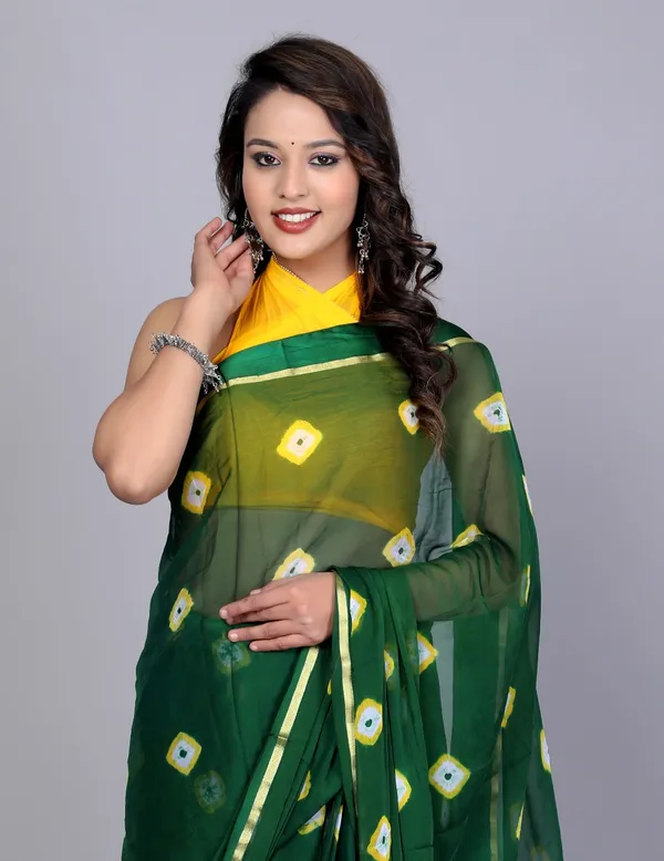 Green_Designer_Border_Printed_Hand_Print_Bandhani_Saree
