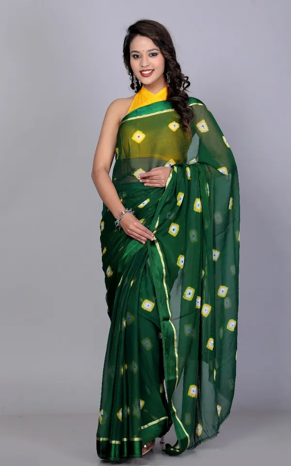 Green_Designer_Border_Printed_Hand_Print_Bandhani_Saree