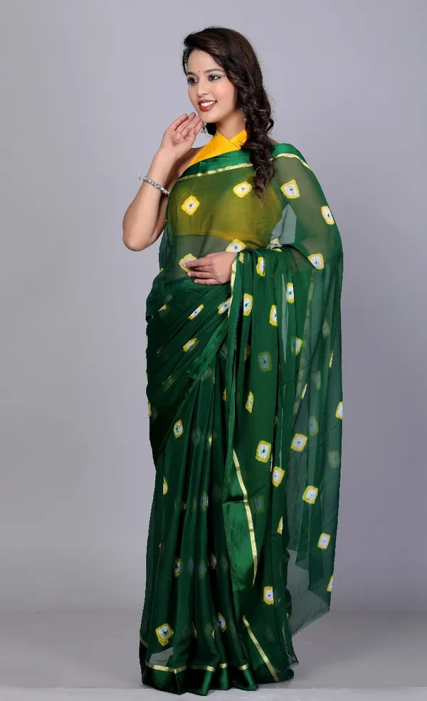 Green_Designer_Border_Printed_Hand_Print_Bandhani_Saree