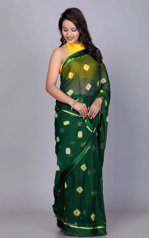 Green_Designer_Border_Printed_Hand_Print_Bandhani_Saree