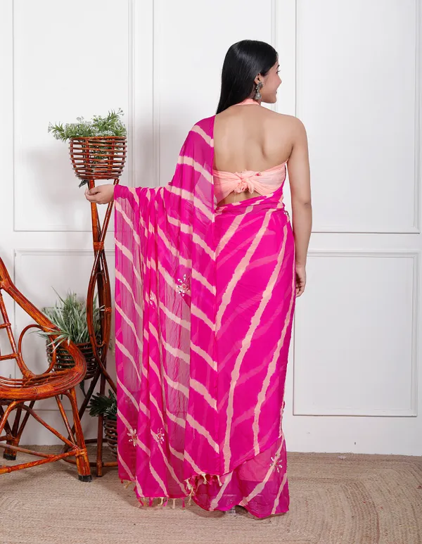 Pink_Pure_Chiffon_Leheriya_Mirror_Work_Sarees_For_Women