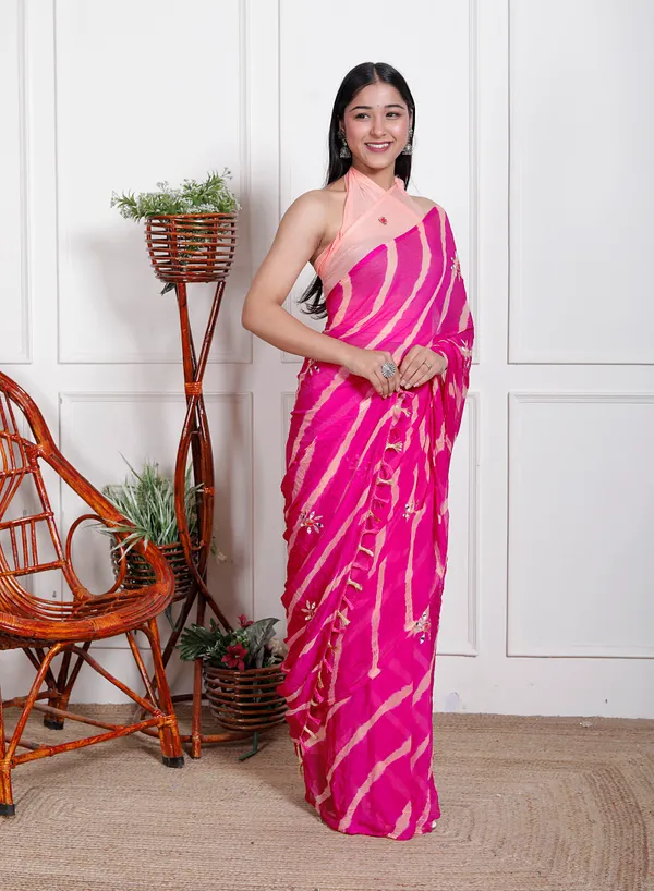 Pink_Pure_Chiffon_Leheriya_Mirror_Work_Sarees_For_Women