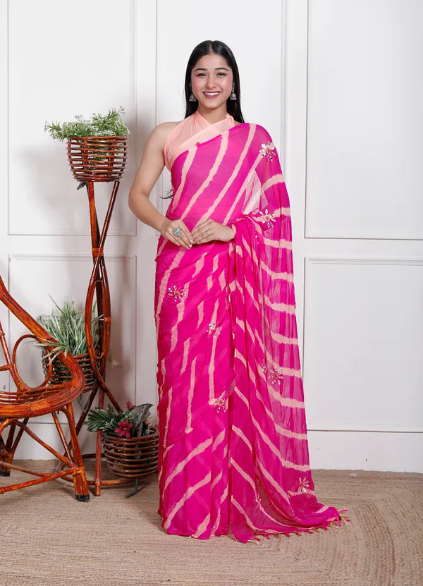 Pink_Pure_Chiffon_Leheriya_Mirror_Work_Sarees_For_Women