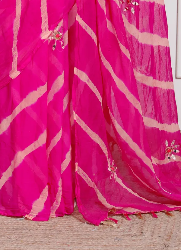 Pink_Pure_Chiffon_Leheriya_Mirror_Work_Sarees_For_Women