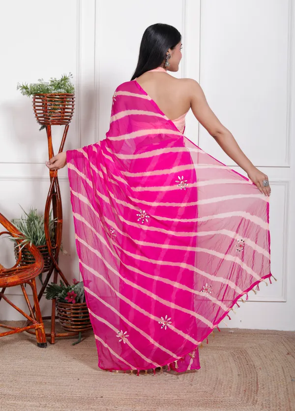 Pink_Pure_Chiffon_Leheriya_Mirror_Work_Sarees_For_Women